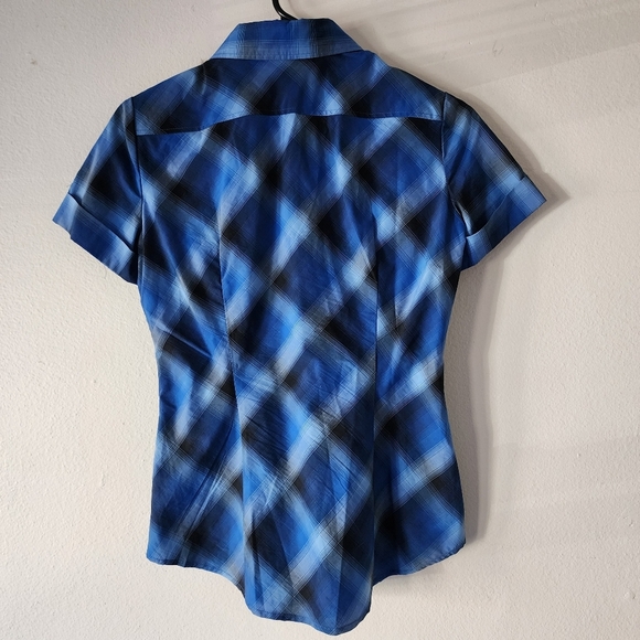 NEW YORK & COMPANY Stretch Blue Navy Plaid Button Up Short Sleeve Blouse Size XS - Picture 12 of 17
